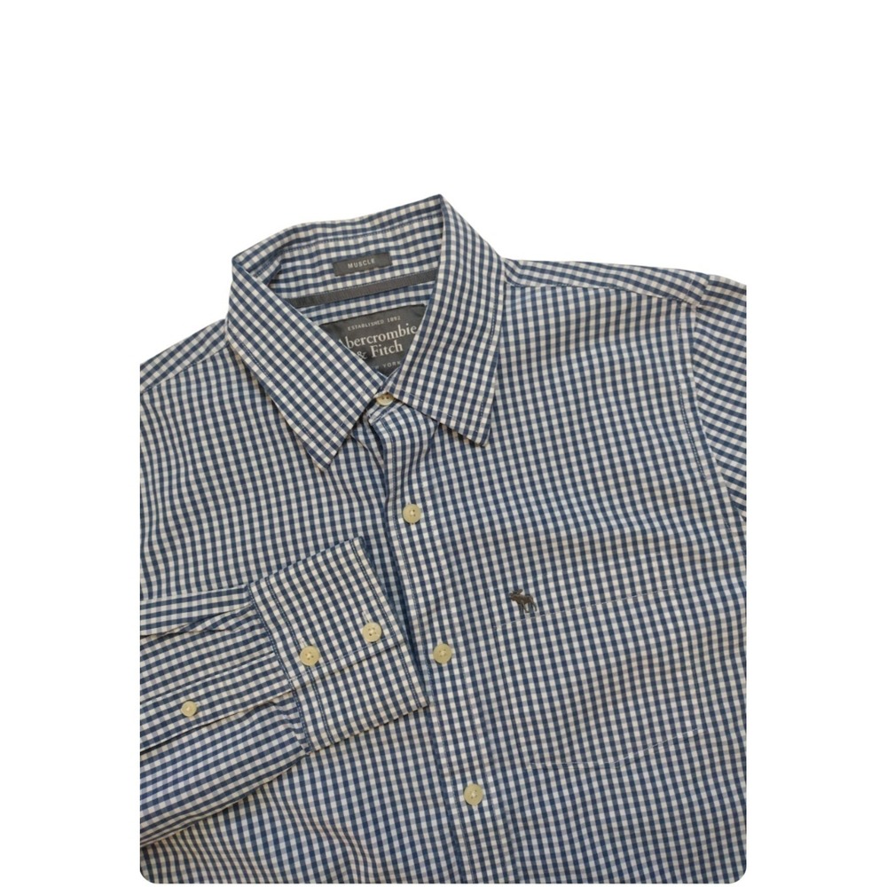 Abercrombie & Fitch Muscle  Button Up Mens Shirt M Blue White Gingham Long Sleev